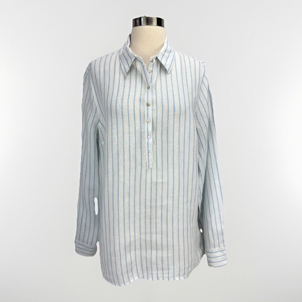 Jones‎ Co New York Womens Linen Shirt L Popover Striped Lagenlook Beachy Classic